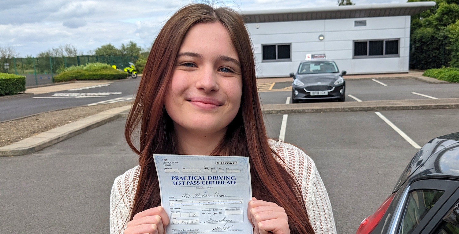 Emily passed her driving test in Scunthorpe with the Broughton School of Motoring